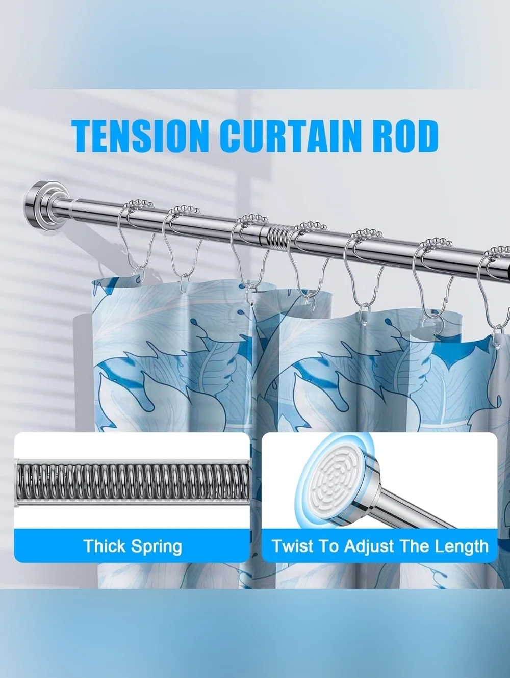 NIB Chrome Shower Curtain Spring Tension Rod with Modern Round Mount 32